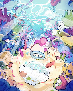 Pastel cartoon underwater scene with Kirby-like characters, coral, bubbles, shells, and sea creatures