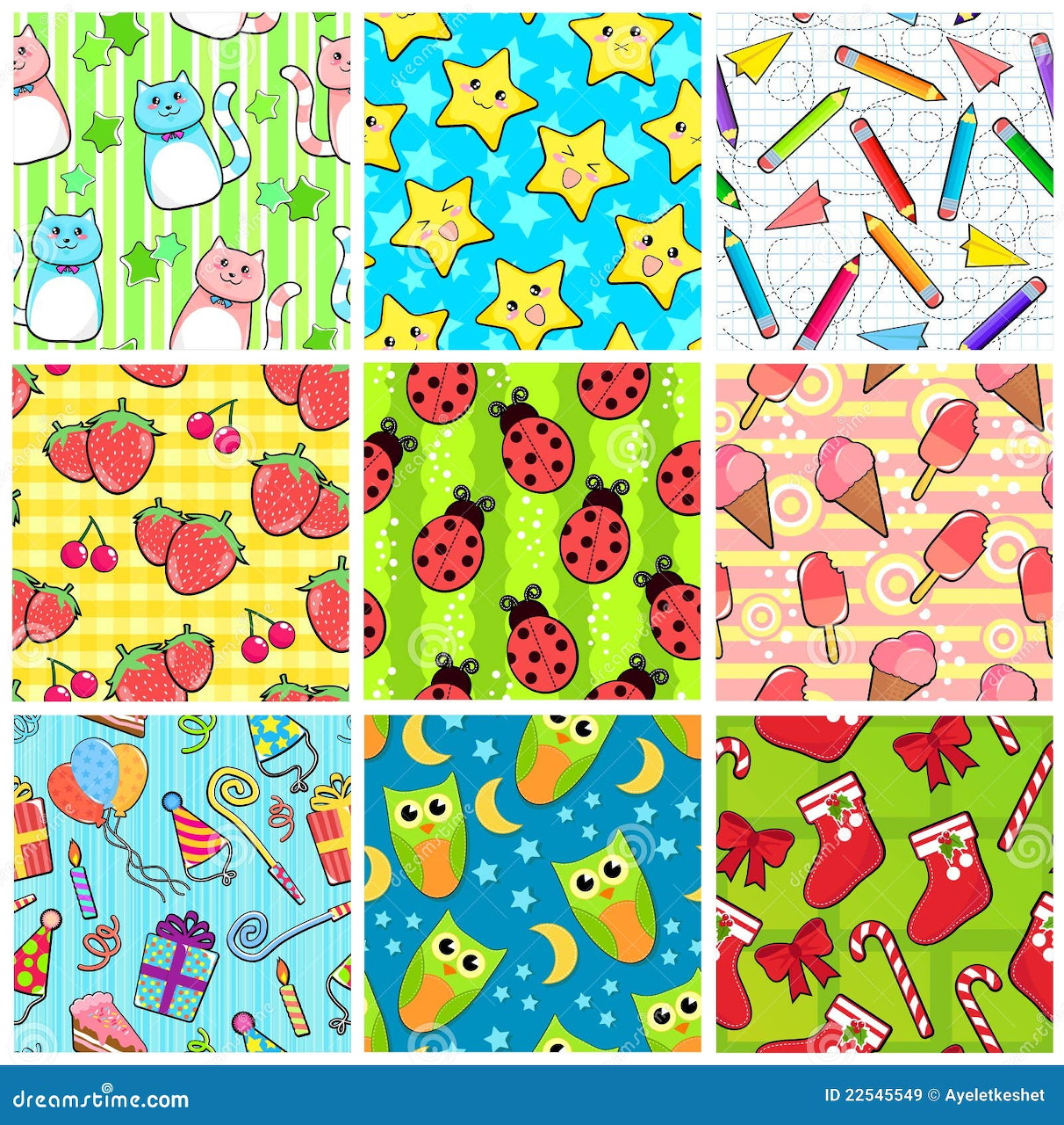 Grid of nine colorful repeating patterns with owls, ladybugs, stars, crayons, butterflies, flowers and shapes