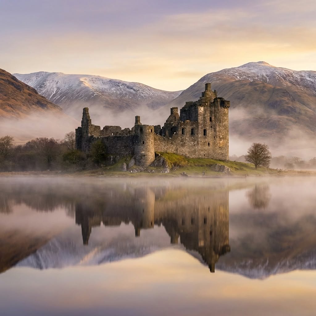 Kilchurn Castle ruins reflected in a misty lake with mountains behind
