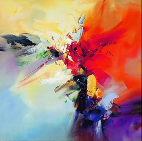 Abstract painting with explosive red, yellow, blue, and purple brushstrokes on a light background