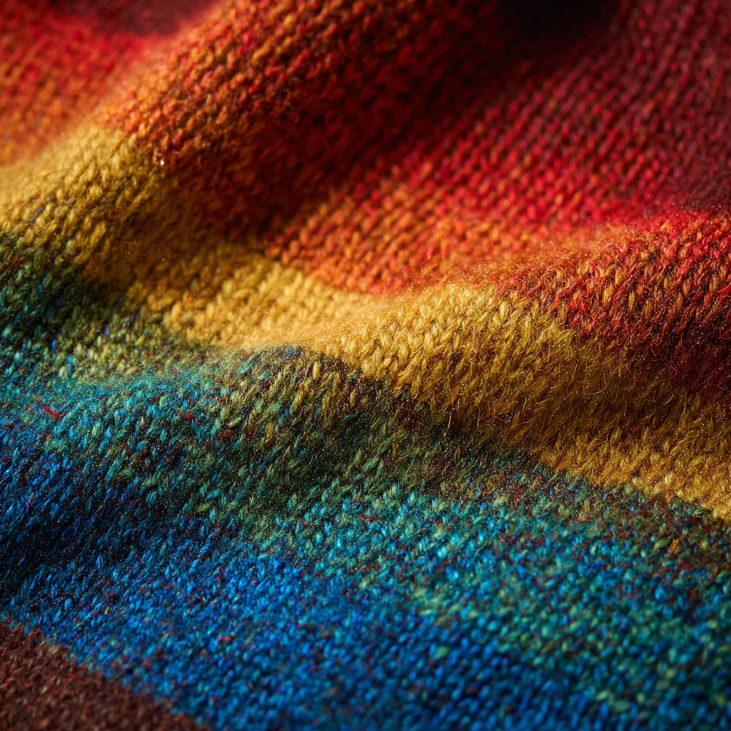 Close-up of rainbow knitted fabric with blue, green, yellow, orange and red stripes showing textile weave detail