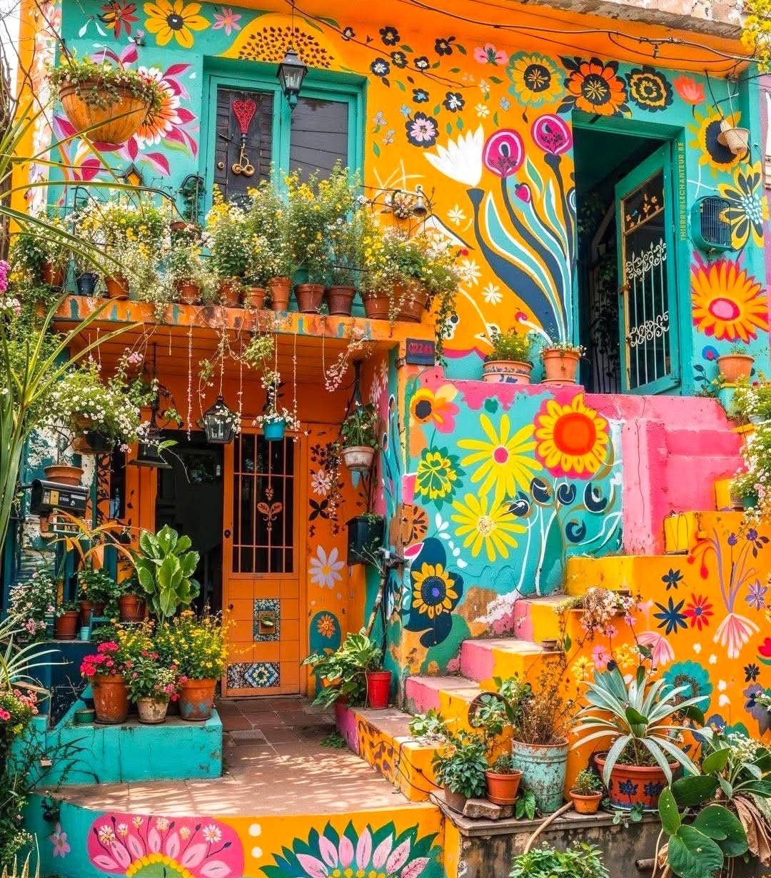 Brightly painted house covered in colorful floral murals with potted plants on steps and balcony