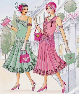 Vintage illustration of two fashionable 1920s women in green and pink dresses on a city street