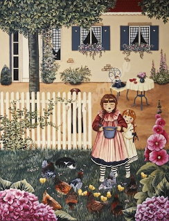 Illustration of a girl in a garden with chickens, a black cat, flowers, and a house behind a white fence.