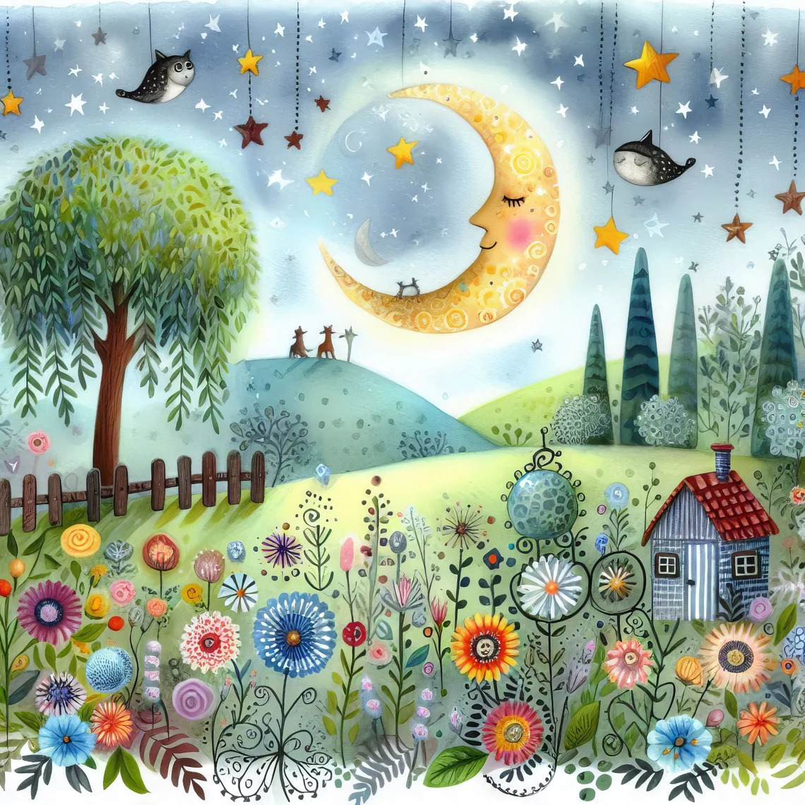 Whimsical celestial scene with crescent moon, sun, stars, cottage, flowers, birds, and trees in dreamy landscape