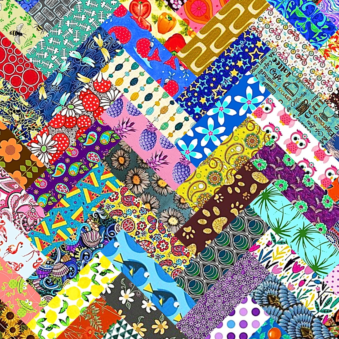 Colorful diagonal patchwork quilt with diverse patterns and vibrant fabric squares in rainbow hues