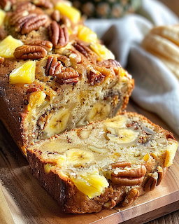 Sliced banana bread loaf topped with pecans and banana slices on a wooden cutting board