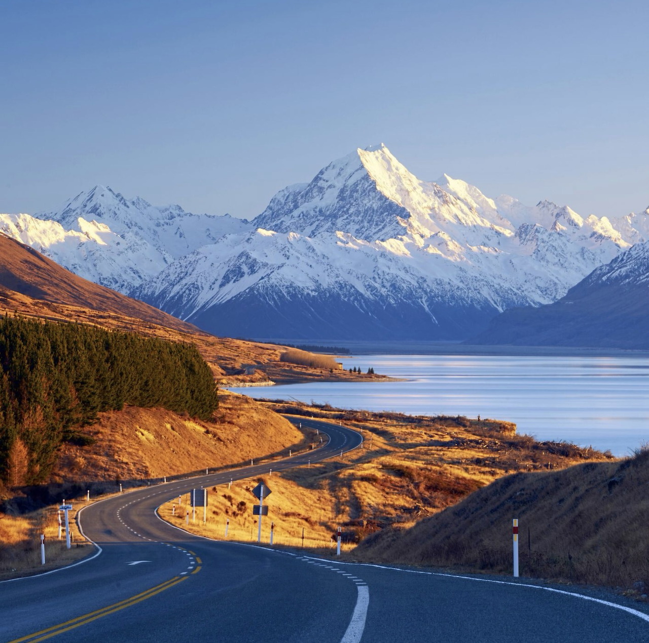 Highway curves toward snow-covered Mount Cook with lake and tussock grassland in New Zealand