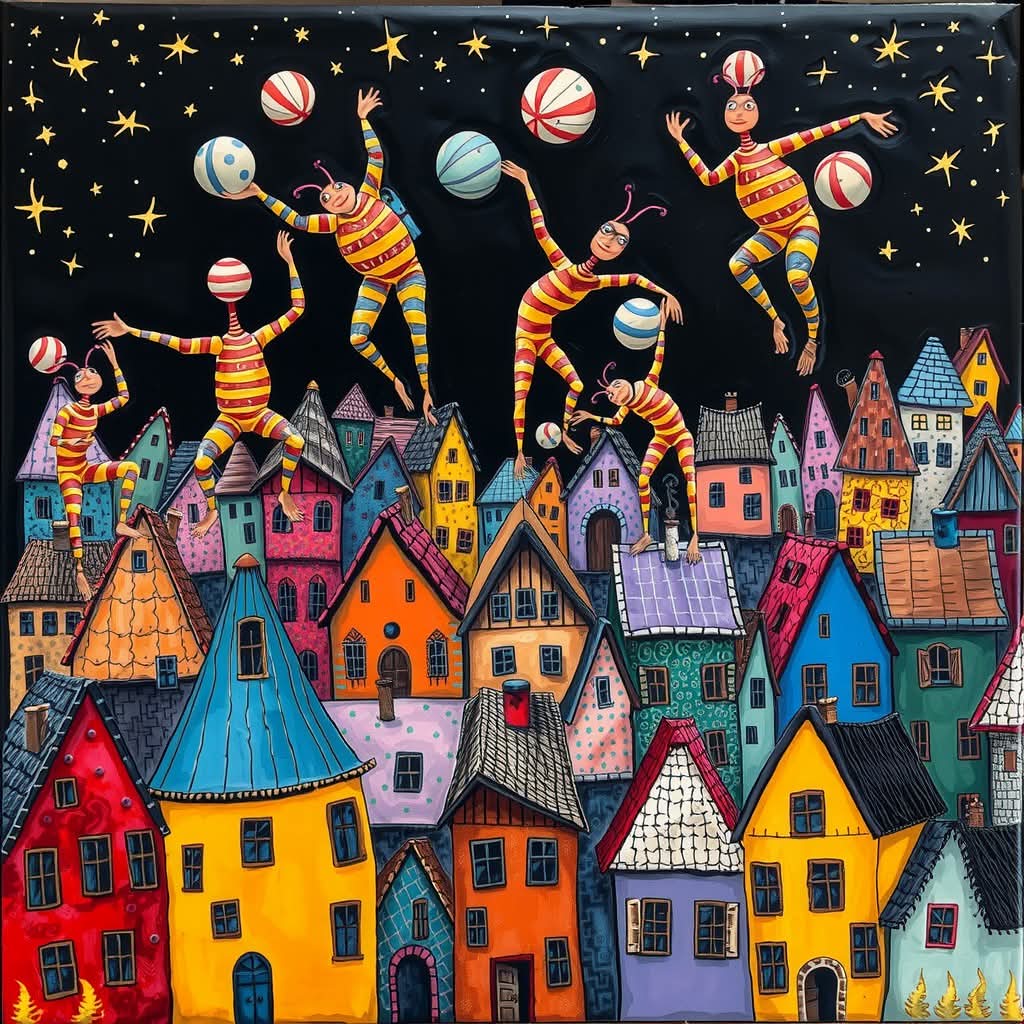 Whimsical illustration of colorful houses under starry sky with floating striped figures and planets