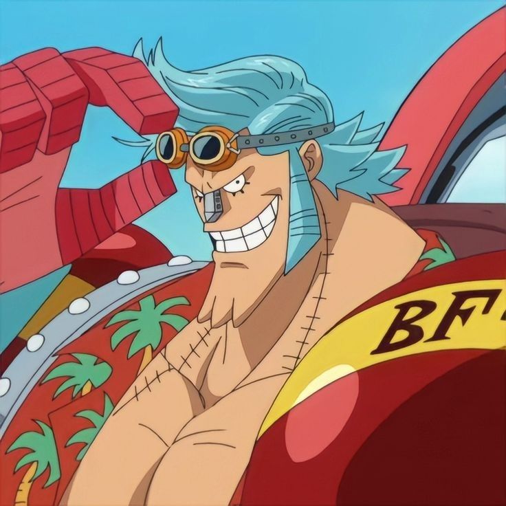 Anime close-up of Franky from One Piece with blue hair, goggles, and red mechanical armor