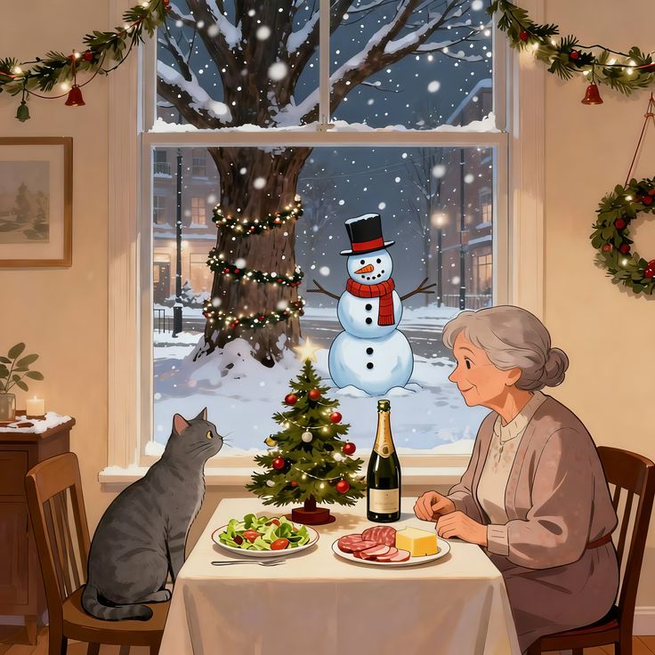 Elderly woman and gray cat at table by window showing snowman and Christmas tree in snowy yard with festive decorations