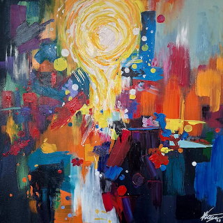 Abstract painting with swirling yellow light over colorful geometric shapes in red, blue, orange, and black