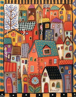 Folk art illustration of colorful patterned houses clustered together with flowers and decorative details