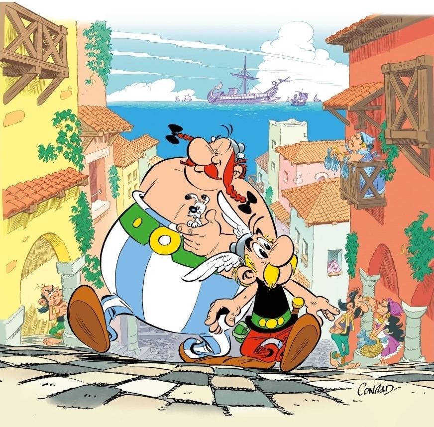 Asterix and Obelix cartoon characters walking through a sunny Mediterranean village square