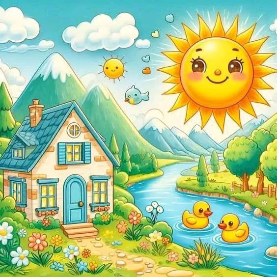 Cute cartoon cottage beside a river with a smiling sun, mountains, flowers, and ducks