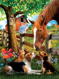 Horse looking over fence at three kittens in farm setting with red barn and tree