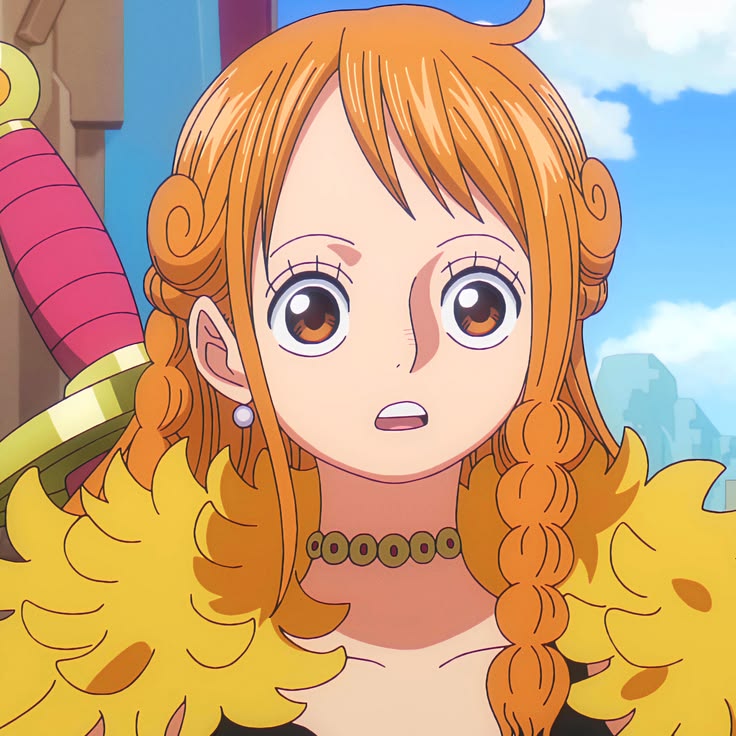 Anime girl with orange hair in twin curls, large brown eyes, yellow feathered collar, blue sky background