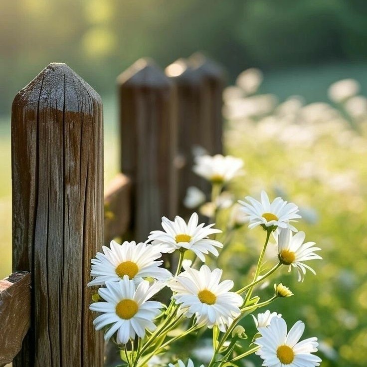 White daisies blooming next to a rustic wooden fence post in a sunlit garden