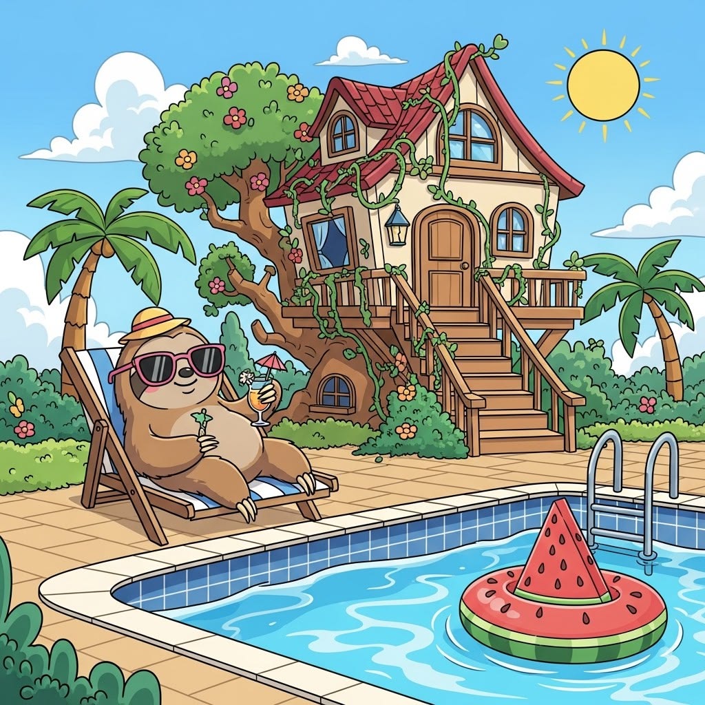 Cartoon sloth lounging by a pool with a tropical house, palm trees, and a watermelon float