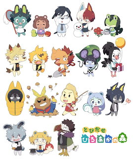 Chibi My Hero Academia characters drawn in Animal Crossing art style with colorful animal costumes
