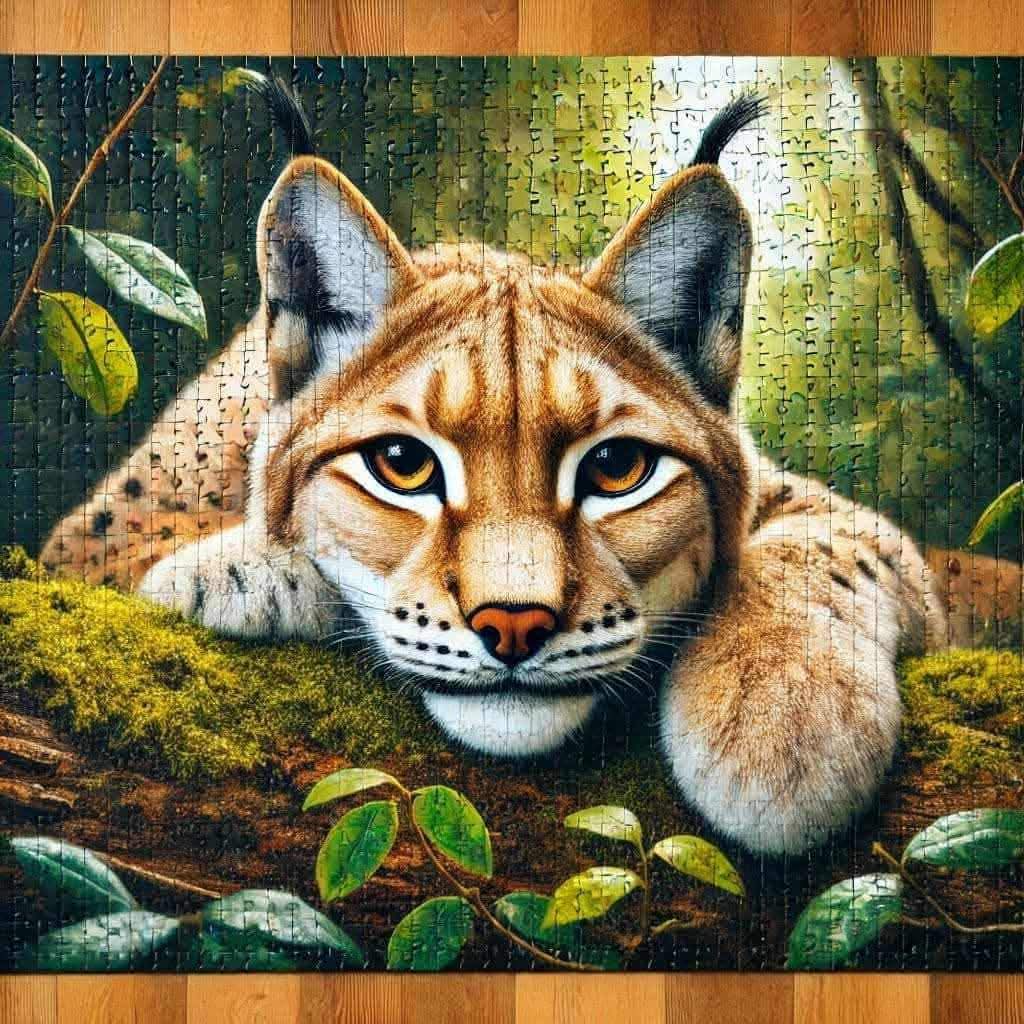 Painting of a lynx resting on a mossy log in a leafy forest
