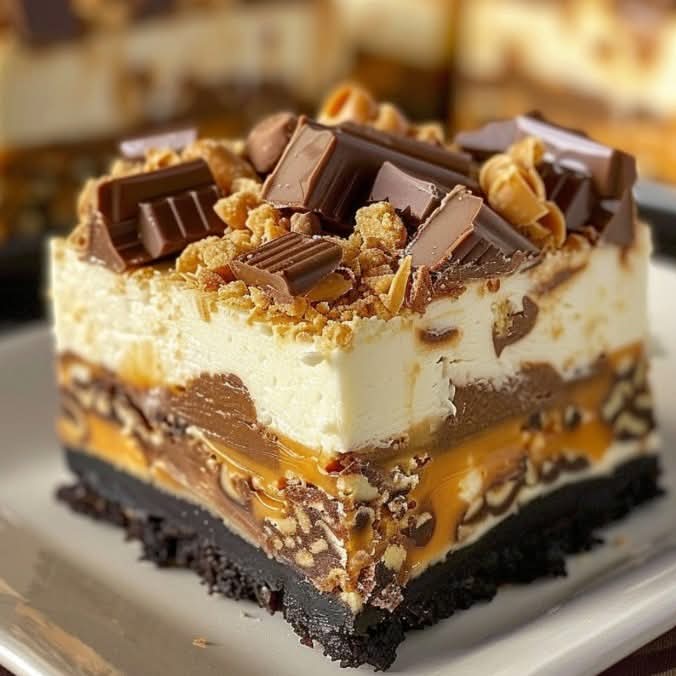 Layered dessert bar with chocolate base, caramel, cream filling, and candy topping on white plate
