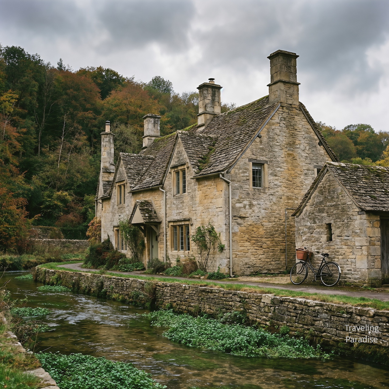 Traditional Cotswold stone cottage with slate roof beside a stream in rural England under cloudy skies
