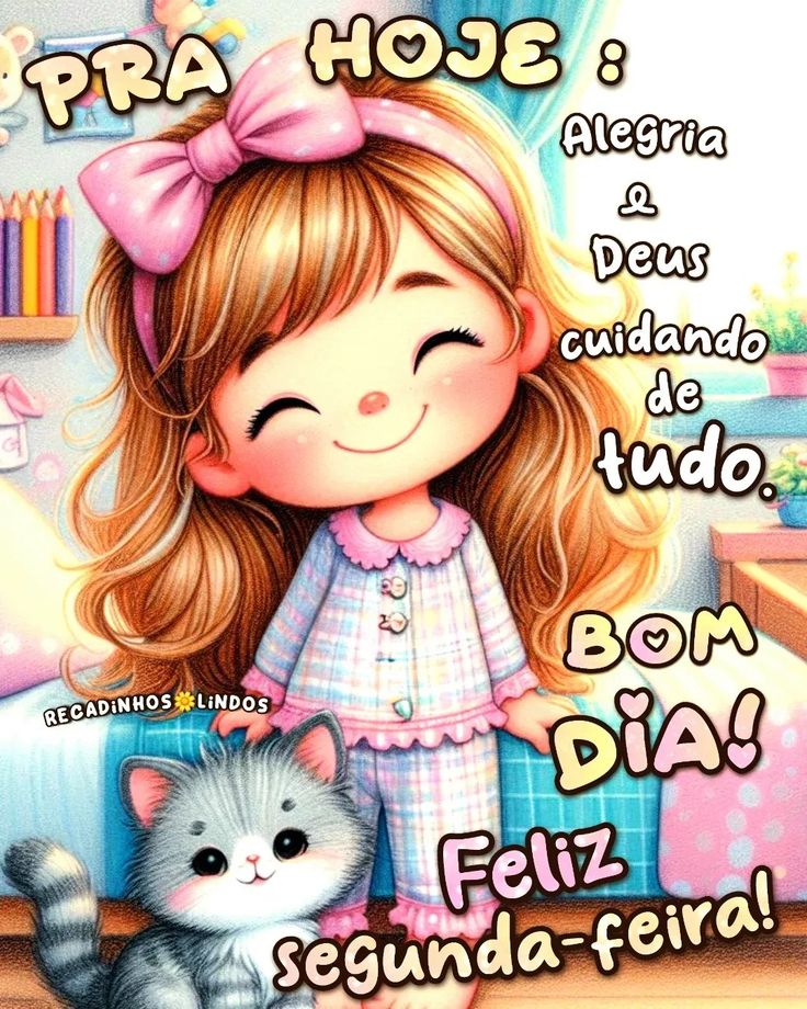 Cute cartoon girl in pink pajamas smiling next to a gray kitten with Portuguese good morning greeting text