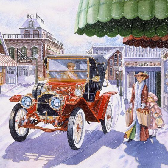 Vintage orange automobile on historic town street with shops and people in period clothing