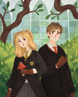 Illustration of two Hogwarts students in black robes near a greenhouse with trees and greenery