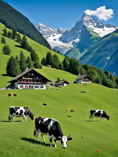 Black and white cows on a green alpine hillside with chalets and snowy mountains behind