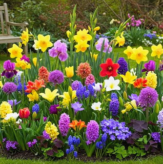 Colorful spring flower garden with daffodils, hyacinths, tulips, and other bloming bulbs