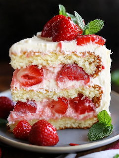 Slice of strawberry layer cake with cream frosting, fresh strawberries and mint on a plate
