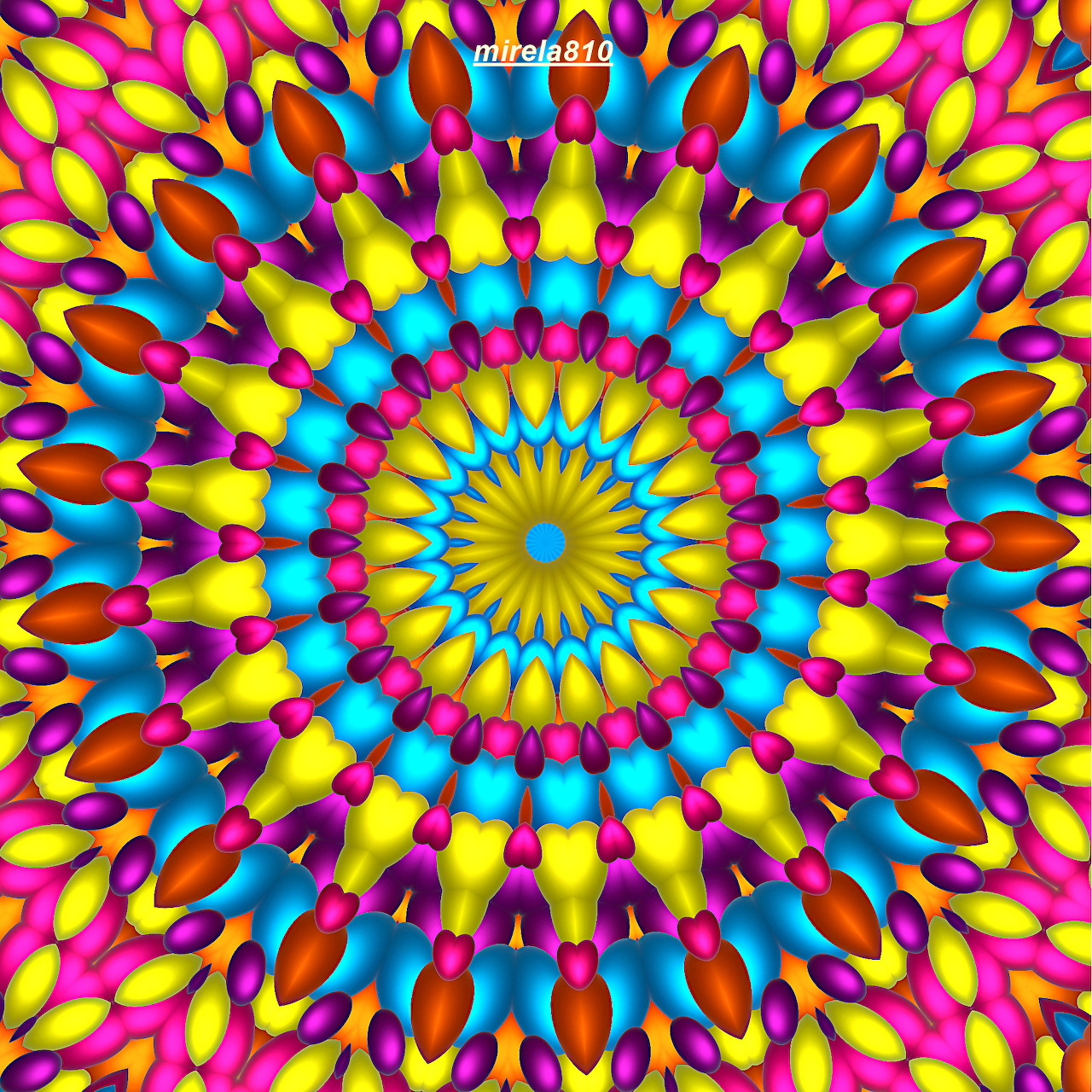Vibrant symmetrical mandala with radiating geometric patterns in bright yellow, magenta, cyan, and red