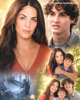 Composite promo image of General Hospital characters including a woman, teenage boy, and family group photos