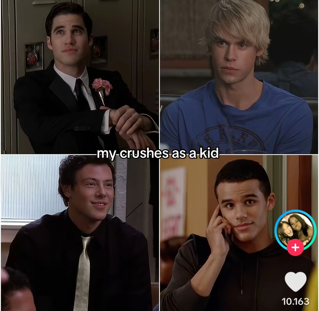 Four-panel collage of young men from Glee with a caption across the middle