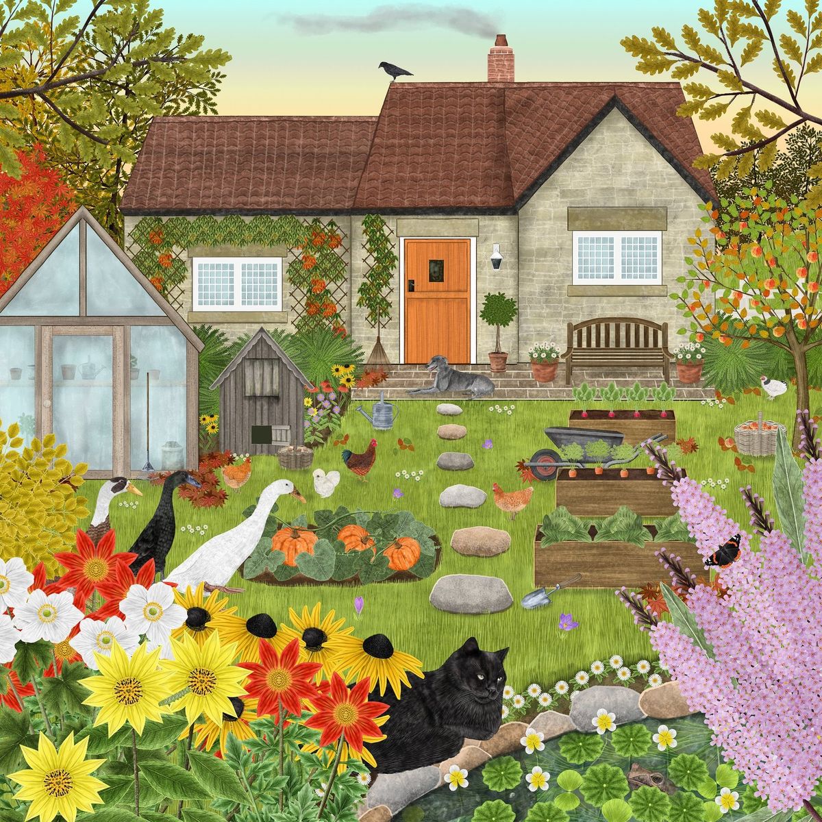 Illustration of white cottage with red roof, lush garden, black cat among sunflowers and colorful blooms, wooden bench on lawn