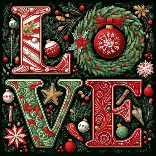 Ornate LOVE letters decorated with Christmas greenery, red ornaments, candy canes, and festive embellishments