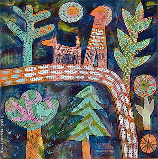 Folk art painting of person walking dog on patterned path with stylized trees