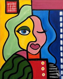 Abstract modernist portrait with geometric color blocks showing stylized face in yellow, pink, blue and green
