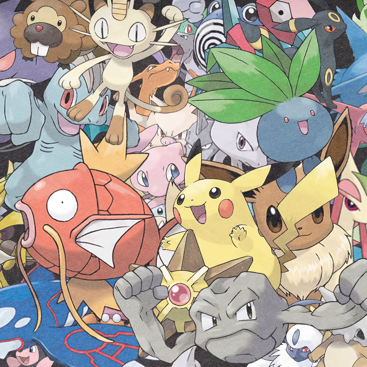 Vibrant collage featuring dozens of Pokemon characters crowded together including Pikachu, Eevee, and Meowth