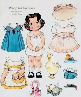 Vintage paper doll cutout sheet showing girl named Mary with clothing, hats, and duck toy accessories