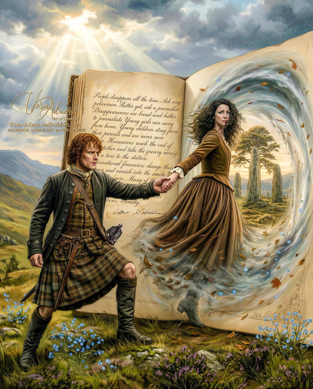 Man in kilt and woman in historical dress reaching through mystical swirling portal in Scottish highlands