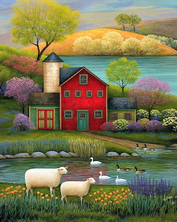 Folk art painting of red barn by pond with sheep, ducks, colorful spring trees and hills