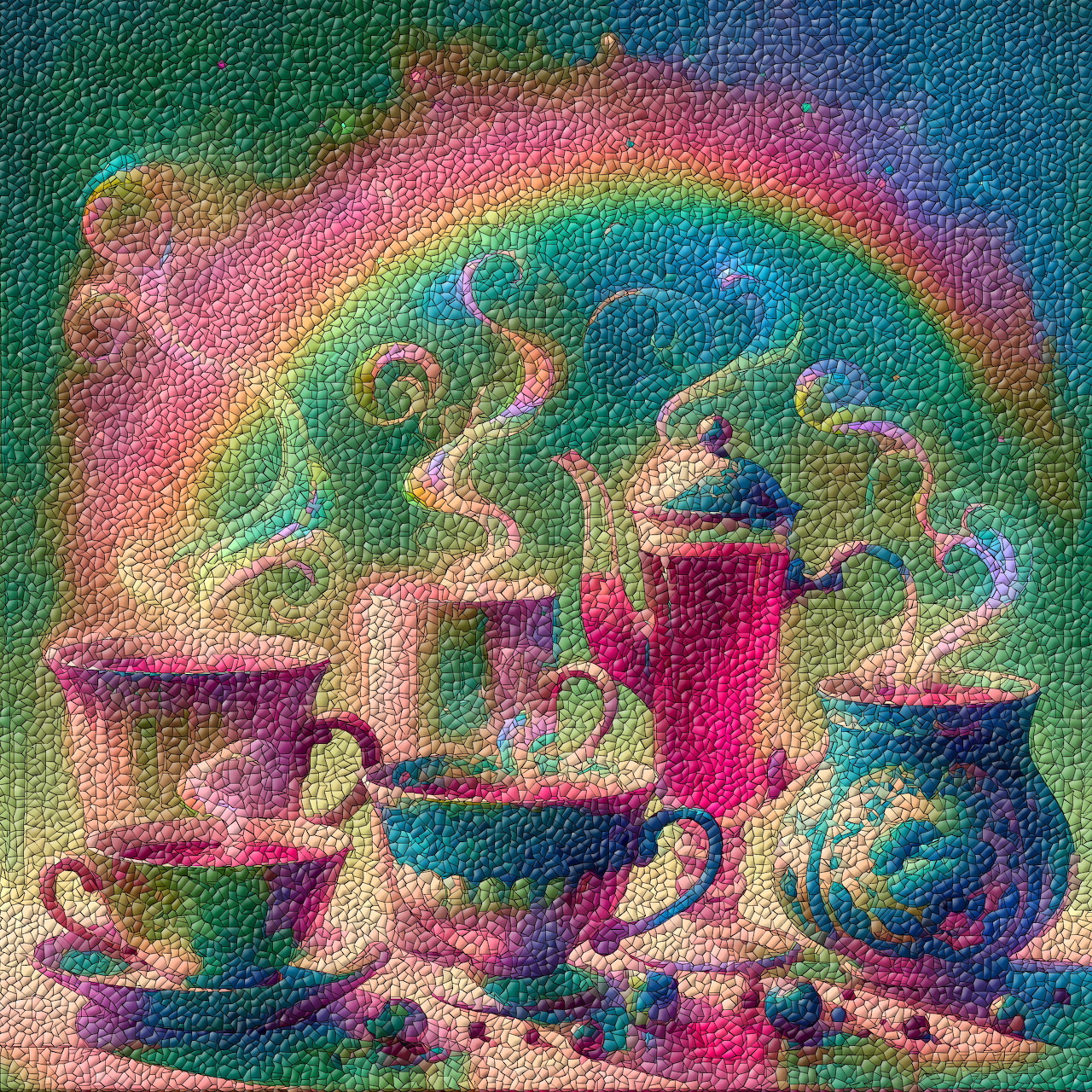 Whimsical rainbow-colored tea set with teapot and teacups in vivid swirling colors