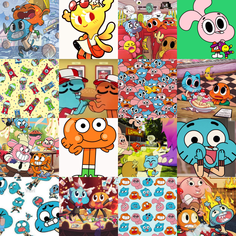 Grid collage of cartoon characters from The Amazing World of Gumball in colorful scenes