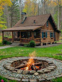 Log cabin with stone firepit in autumn forest setting