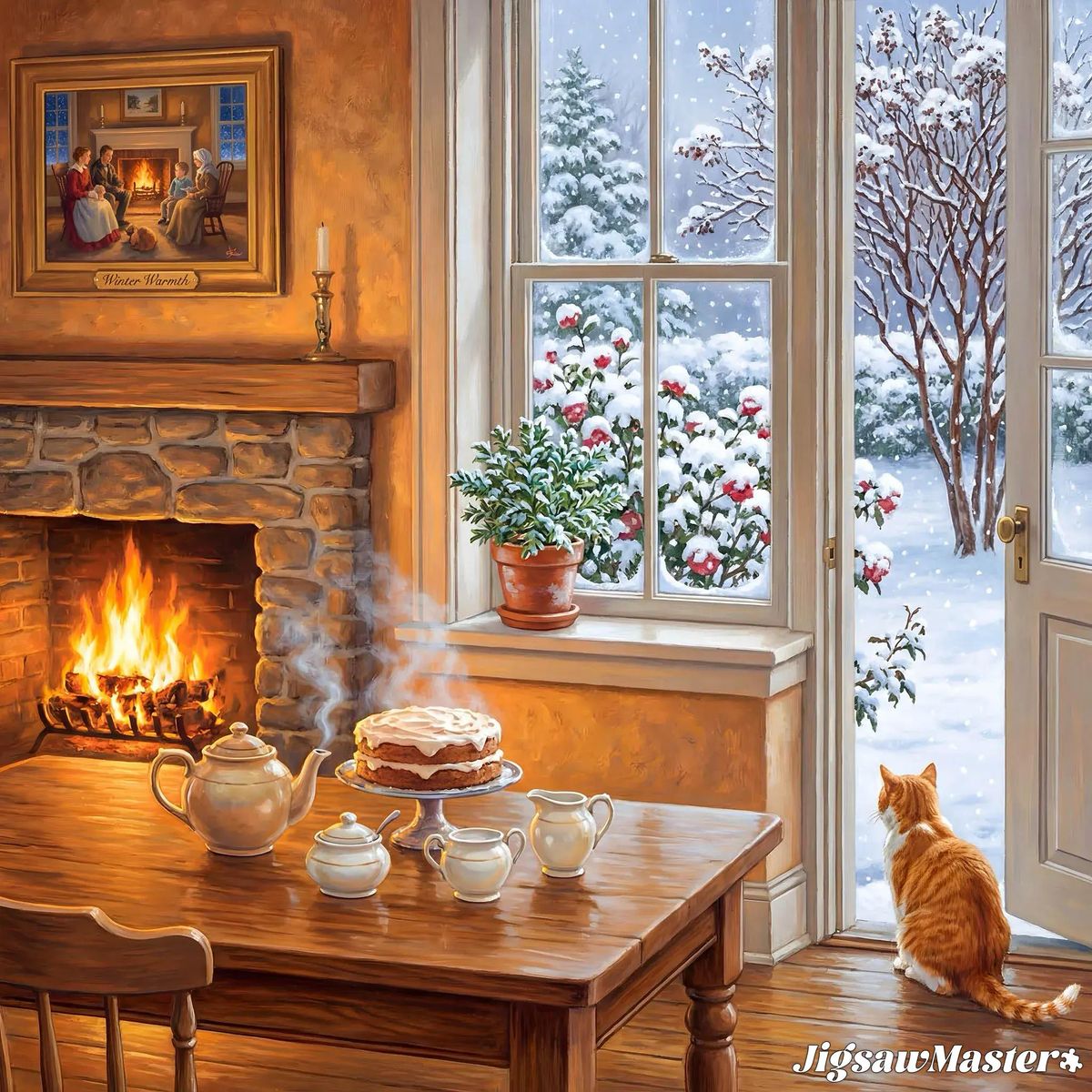 Orange cat sits by window overlooking snowy garden in cozy room with fireplace and tea set on wooden table