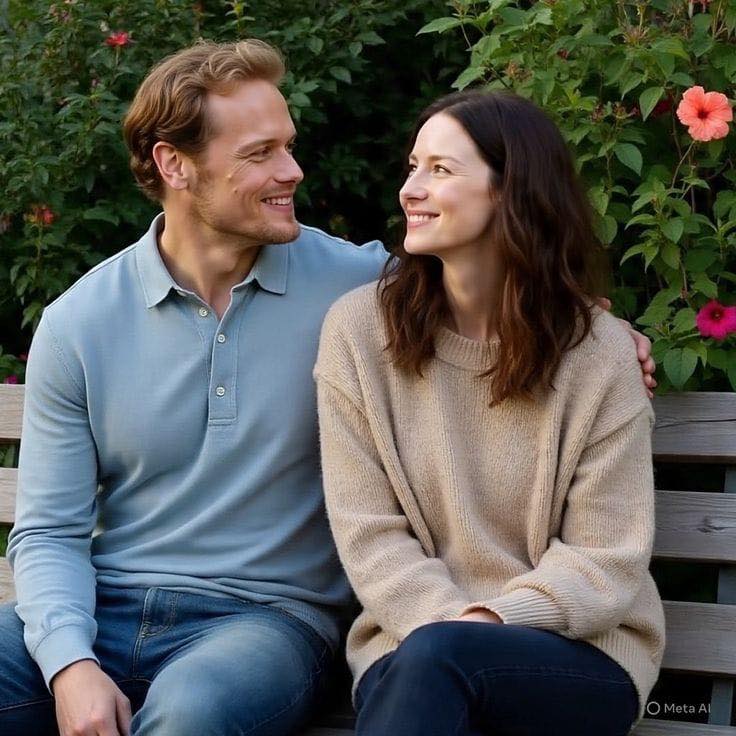 Couple sitting on bench in garden with pink roses, looking at each other and smiling