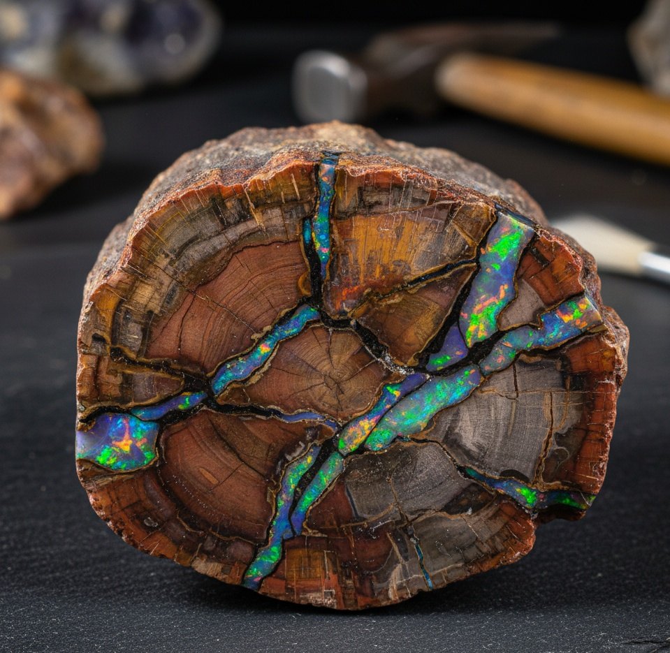 Polished petrified wood slice with colorful opal-like veins on a dark background